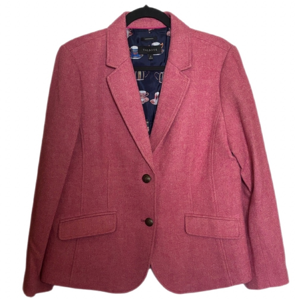 Talbots Aberdeen Pink Buttoned Tweed Blazer Tea Cup Theme Lining Size 12